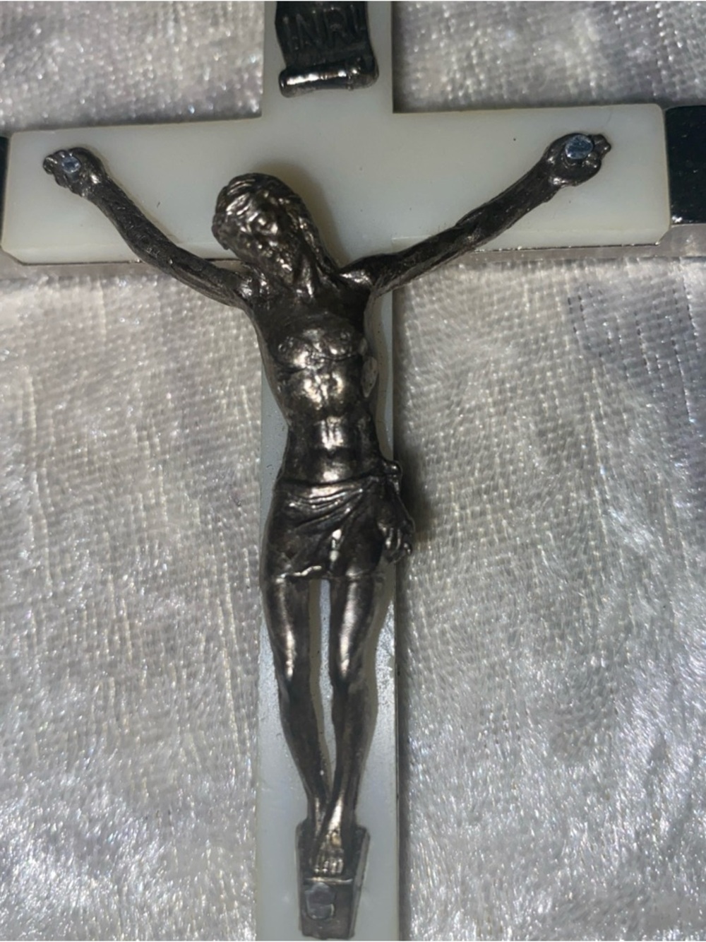 Vintage Crucifix Glow in the Dark White and Silver LARGE Pectoral Design Pendant - Picture 3 of 7